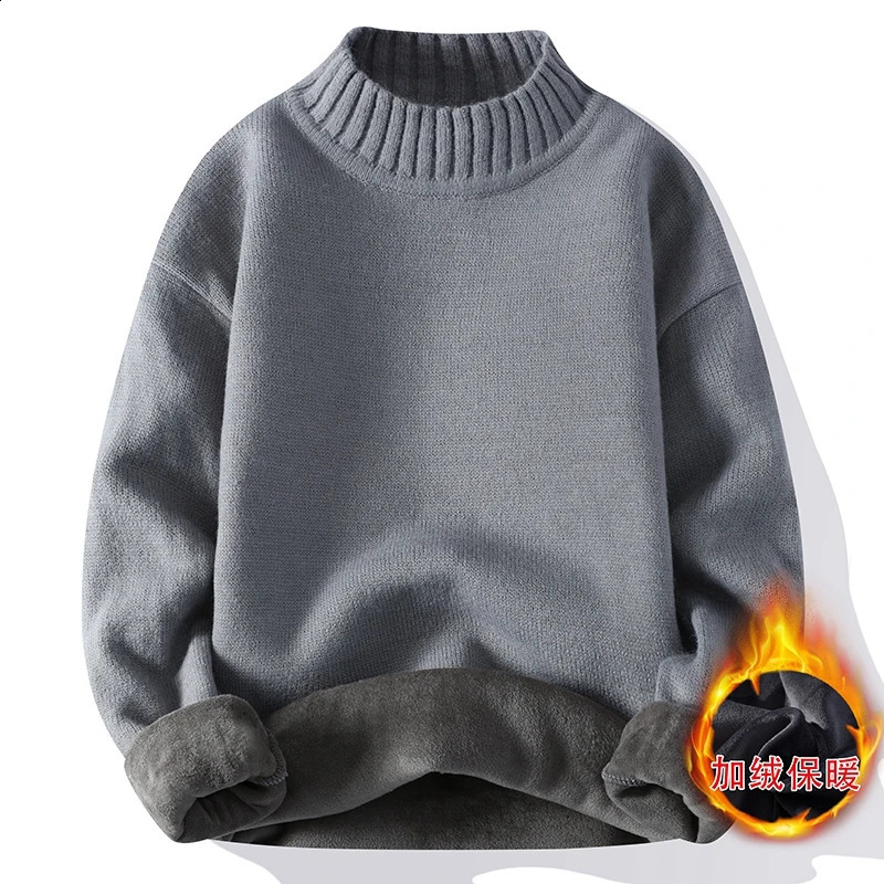 2024 AutumnWinter Fashion Solid Color Plus Fleece Thickened Warm Knitwear Mens Casual Loose Large Size High Quality Sweater 240812