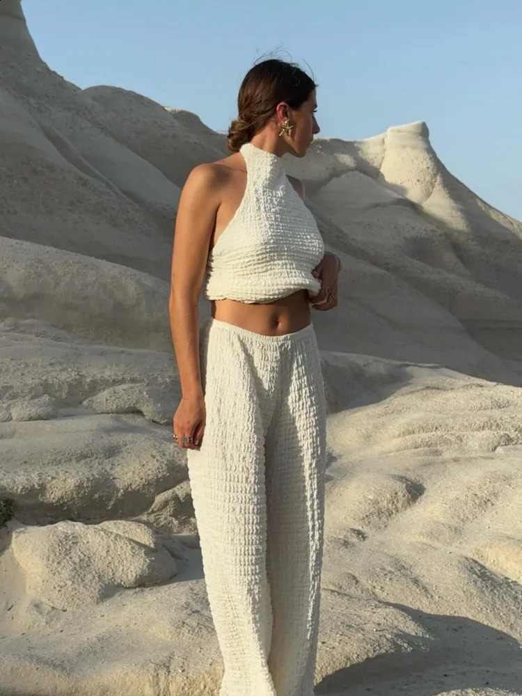 Elegant Pleated Halter Tops Pant Sets Women Sleeveless Backless Vest High Waist Wide Leg Trouser Suit Lady Fashion 2 Pieces 240812