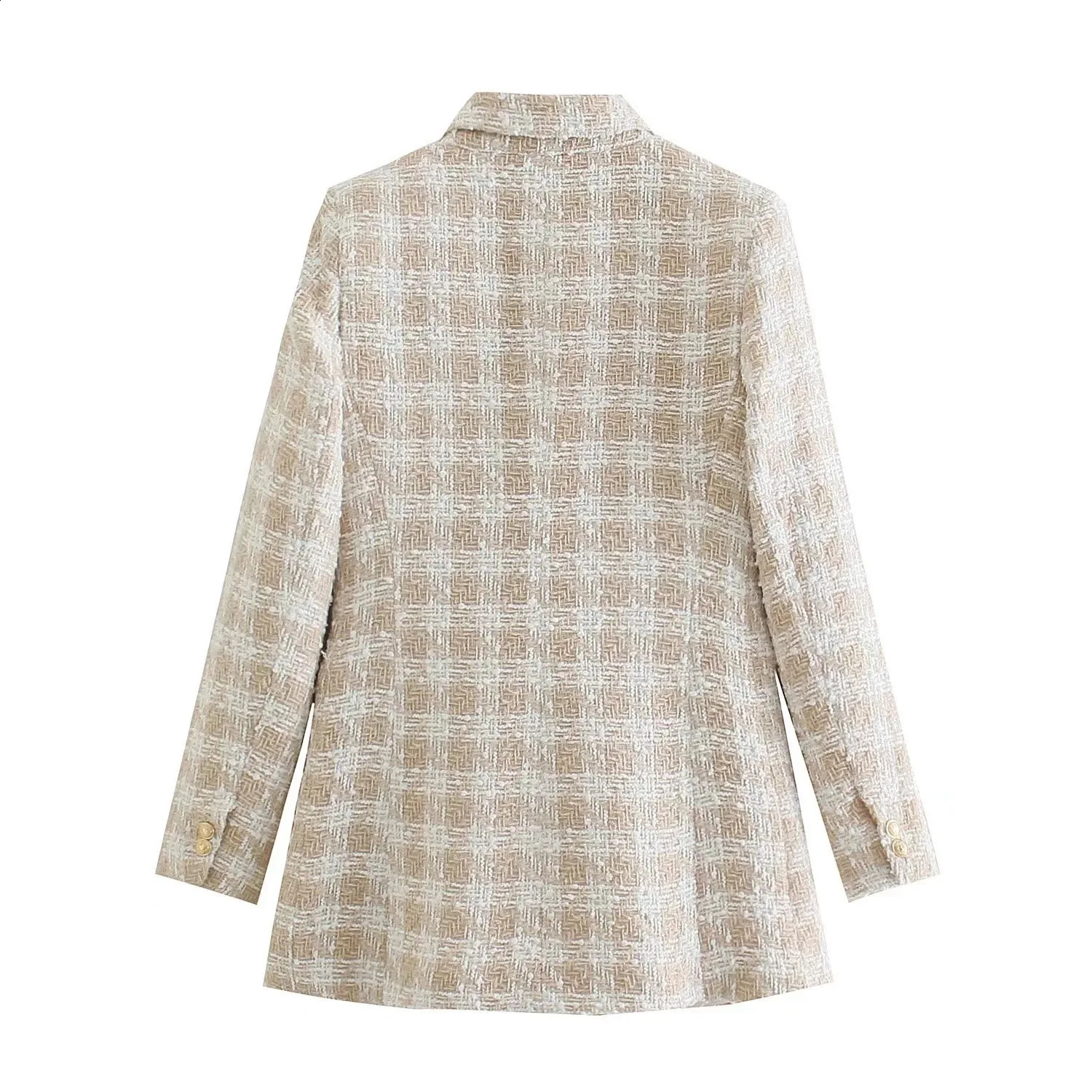 Ladies Vintage Plaid Tweed Double Breasted Spring Autumn Jacket Women Blazer Coat Pockets Female Outerwear Veste Blazer Femme 240812