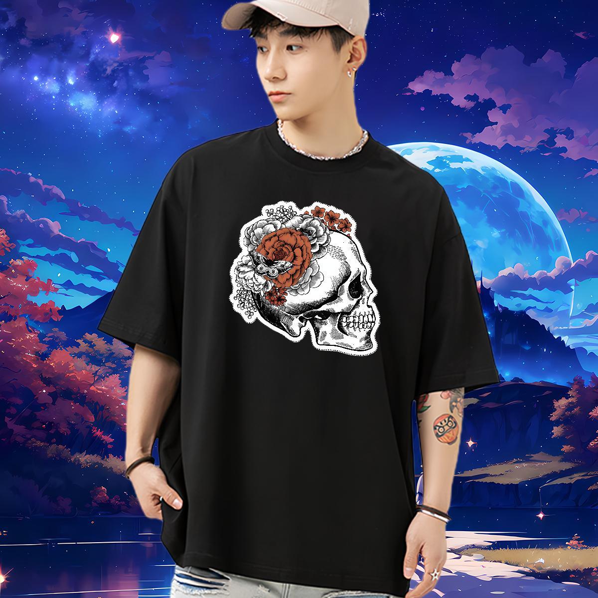 2024 DIY T shirt skull Tshirts 230g Cotton Sports Casual Soft Oversized 4XL Breathable Short Sleeve Men Clothes T-Shirt