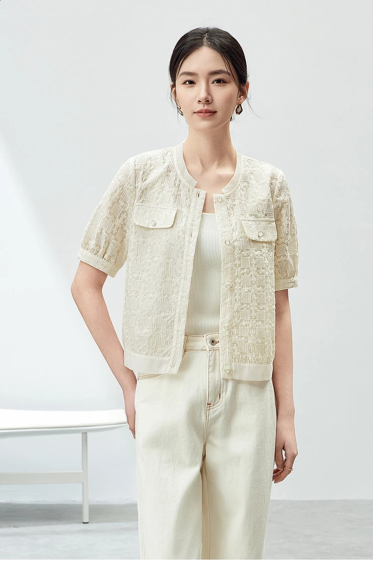 Sentubila Elegant Tweed Single Breasted Cropped Coat Woman Summer Light Apricot Round Neck Short Sleeve Top 142W54251 240812
