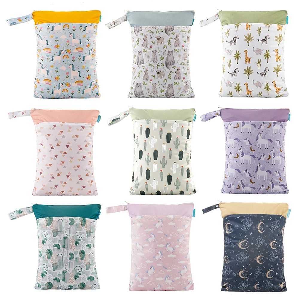 HappyFluent new digital printing 30 * 40CM 2 bags wet bag buckle handle reusable waterproof cartoon pattern wet dry diaper bag W240812
