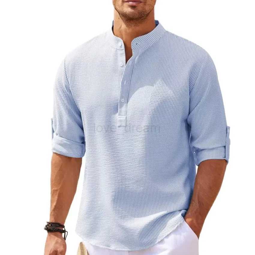 Cotton Linen Hot Sale Mens Long-Sleeved Shirts Spring Autumn Solid Color Stand-Up Collar Casual Beach Style Plus Size S-5XLXJ240812