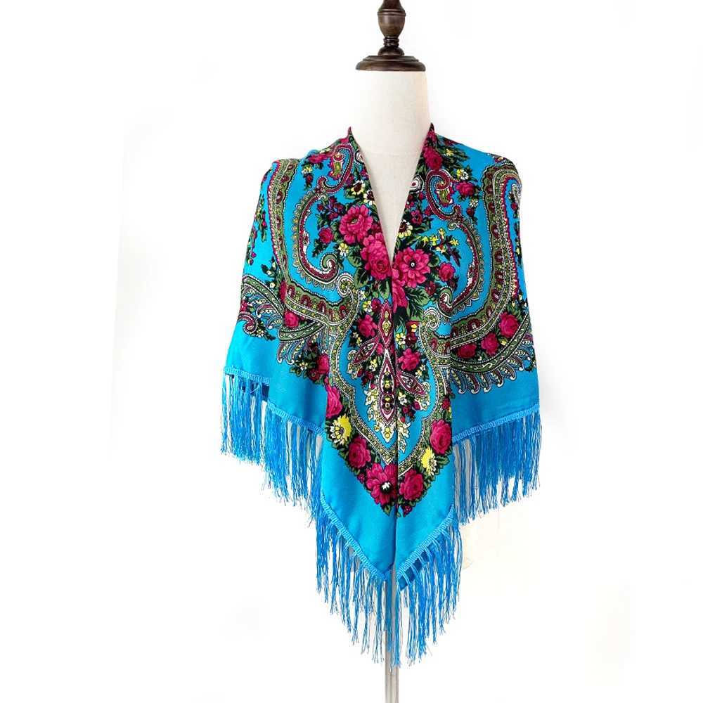 135 * 135cm Womens Square Scarf Babushka Headscarf Shawl Retro Flower Pattern National Scarf W240810