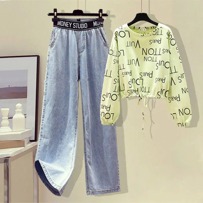 Autumn Letter Print Lace Up T-shirt High Waist and Wide Leg Jeans Two-piece Set Elegant Womens Pants Set Female Tracksuit 240812