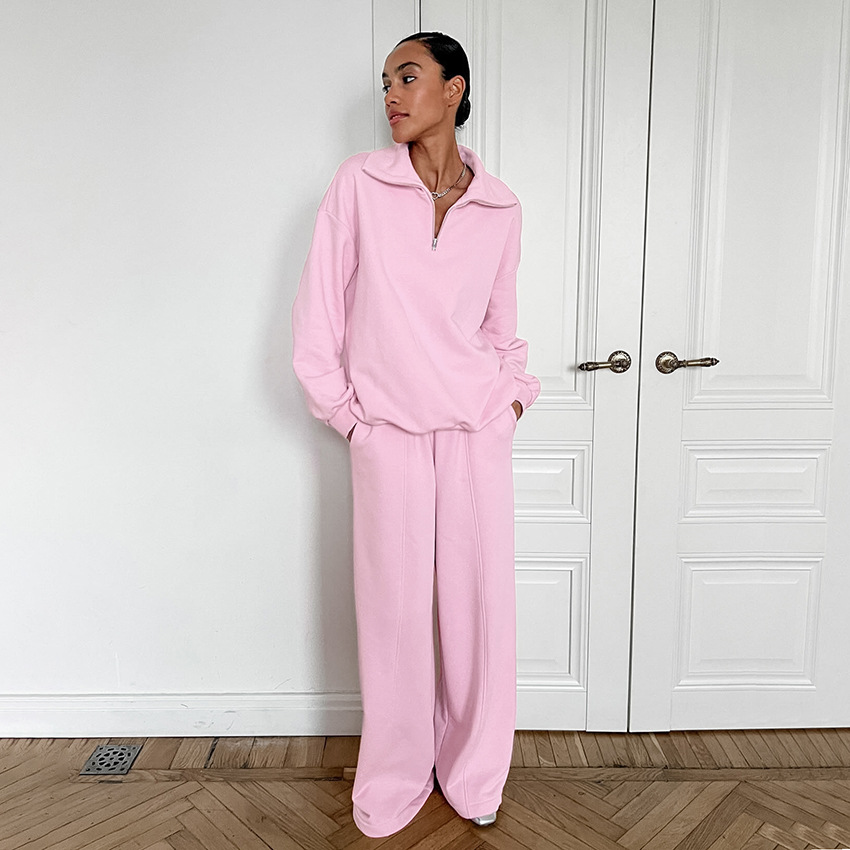 Autumn and winter pink looped cloth hoodie set for womens casual polo shirt and sweatpants two piece set womens clothing
