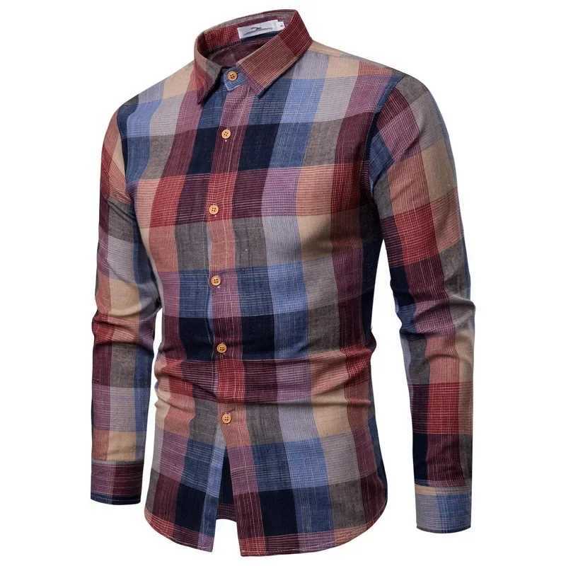 Autumn and Winter New Mens Slim Fit Korean Edition Colorful Checkered Long Sleeve Shirt Casual Youth Fashion Hollow Out TrendXJ240812