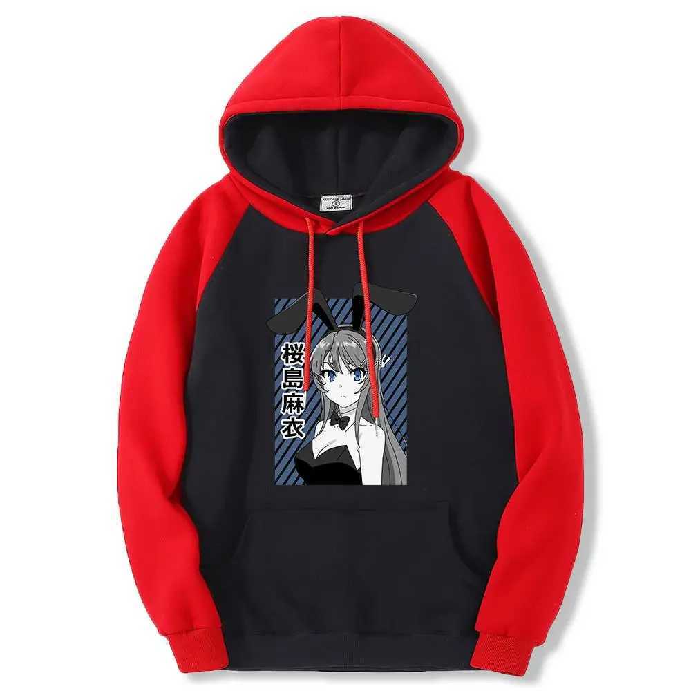 Korean Style Men Hoodie Love Novel Sakurajima Mai Bunny Girl Print Pullovers Warm Splicing Sweatshirts Fleece Pocket StreetwearsXJ240812