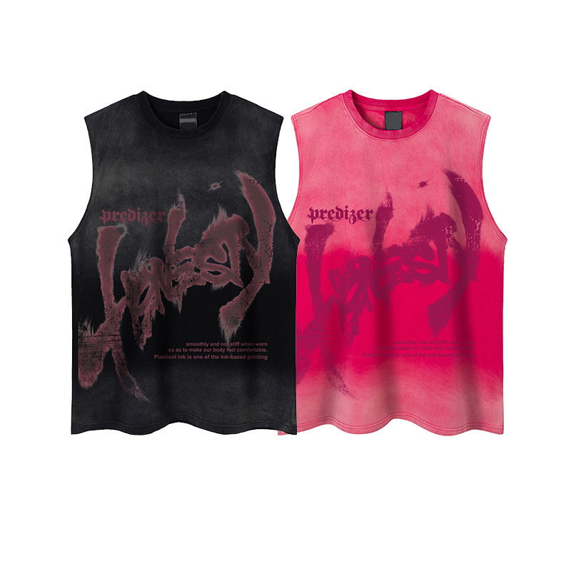 Mens Hip Hop Gradient Graffiti Printed Sleeveless T-shirt for Men and Women Trendy Style Loose Couple Suede Tee