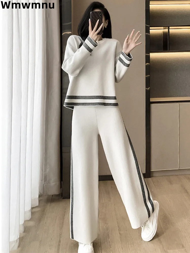 Loose Casual Striped Tracksuit Long Sleeved Sweatshirts Tops Conjunto High Elastic Waist Wide Leg Pants Suit Women Korean Sets 240812