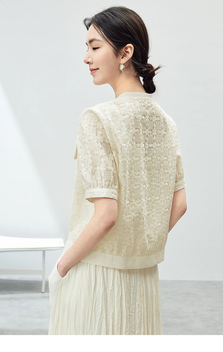 Sentubila Elegant Tweed Single Breasted Cropped Coat Woman Summer Light Apricot Round Neck Short Sleeve Top 142W54251 240812