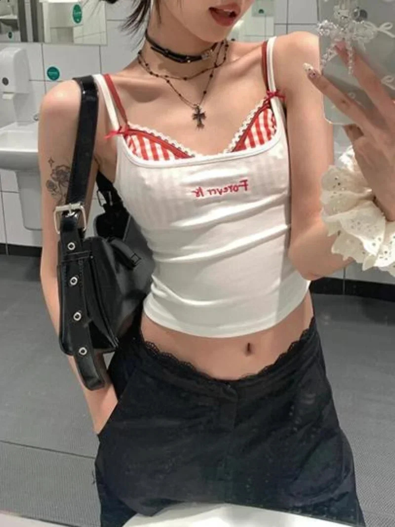 Summer Y2k Top Women Sexys Camis Crop Top with Cups Womens Sleeveless Bra Tank Tops 2000s Female Lace Plaid Corset Korean Style 240812