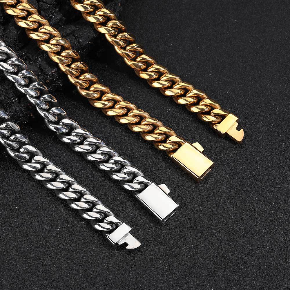 6mm-12mm Hip Hop Stainless Steel Miami Cuban Link Chain Necklace Full 5A Zircon Spring Clasp 18K Gold Plated Accessories Jewelry Set