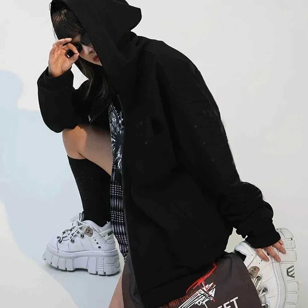High Street Hoodie Men Solid Color Zip Up Long Sleeve Loose Jacket Coats Casual Hooded Sweatshirt Y2K Fashion Outdoor ClothesXJ240812