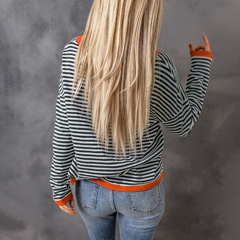 Autumn and Winter New Cotton Knitted Sweater Women's Stripe Contrast Design Shoulder Pullover Long Sleeve Top Women H812#52
