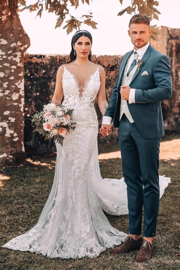 Tulle Modern Mermaid Spaghetti Lace Applique Beach Bridal Gowns Sweep Train Custom Wedding Dresses Bc