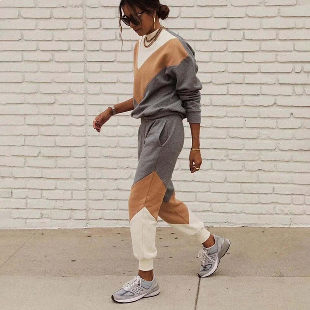 Casual Women Winter Autumn Sport Suits Tracksuits Splicing Femme Two Piece Sets Sweatshirt Top Loose Long Pants Jogging Suits 240812