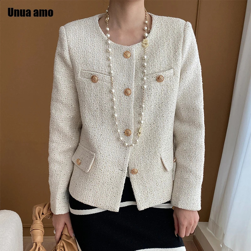 Elegant Short Woven Tweed Sequined Jacket Women Trend Classic O-neck Single Breasted Wool Blend Coats Spring Autumn 240812