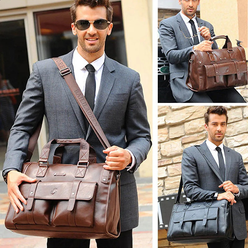 Mens leather black briefcase business handbag messenger bag mens retro shoulder large notebook travel XA177ZC 240810