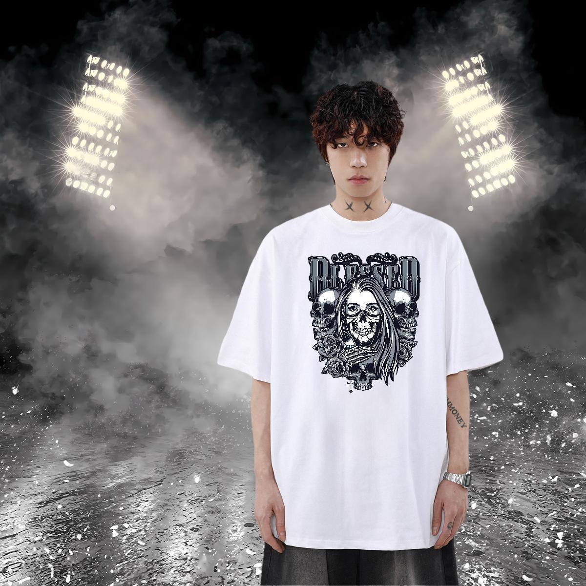 Customized T-Shirts for Men skull Polos 230g 100% Cotton Hip Hop Street Wholesale Floral Print Breathable Soft Couples T Shirts