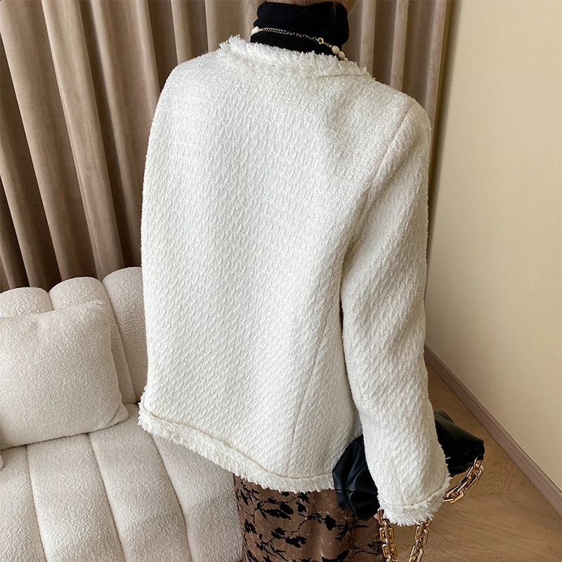 High-end Wool Blend Tweed Coat Women Simple Solid Single Breasted O-neck Elegant Long Sleeve Spring Autumn Jackets 240812
