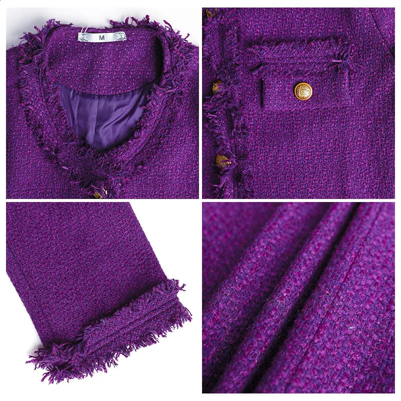 Purple long sleeved tweed womens coat autumn/winter tassel temperament small fragrant style top 240812