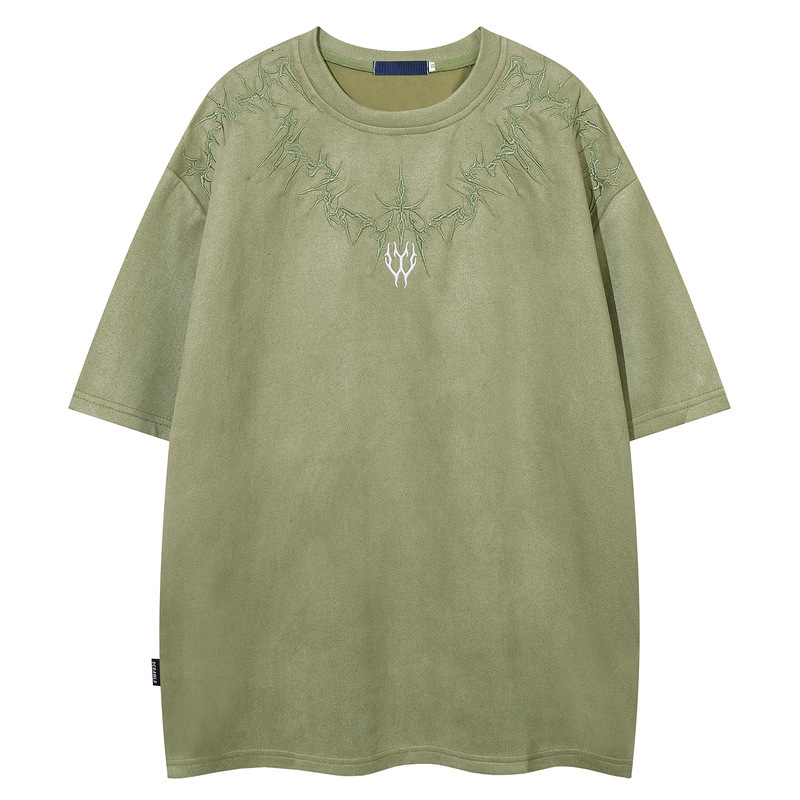 Mens China-chic Style Suede Short Sleeve T-shirt Mens Spring and Summer New Personalized Embroidery Top