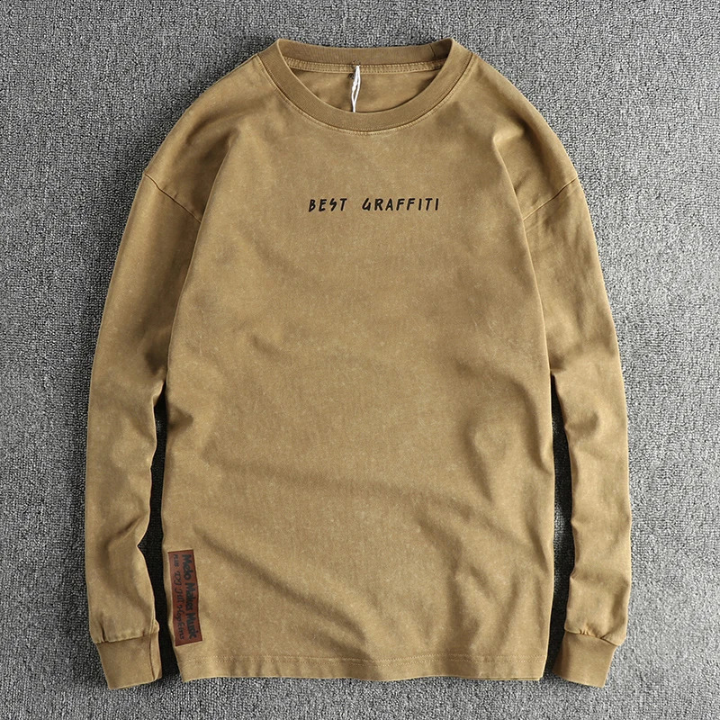 Simple letter printing American retro trend loose long-sleeved T-shirt men heavy old wash cotton base shirt 240812