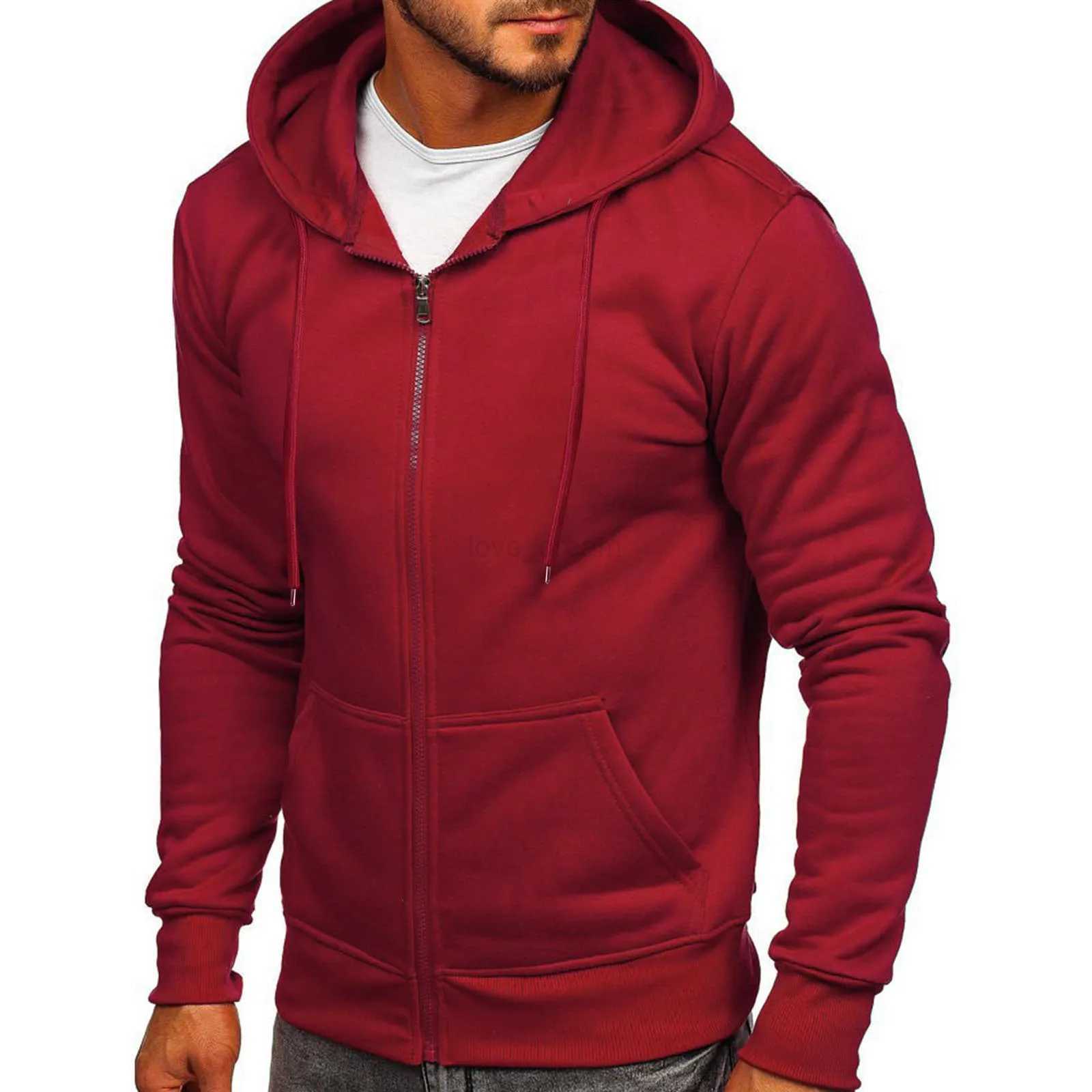 Mens Solid Color Hoodies Zip Up Hooded Tops Sweatshirts Outdoor Sports Tracksuits Drawstring Pockets Cardigan Coat TracksuitsXJ240812