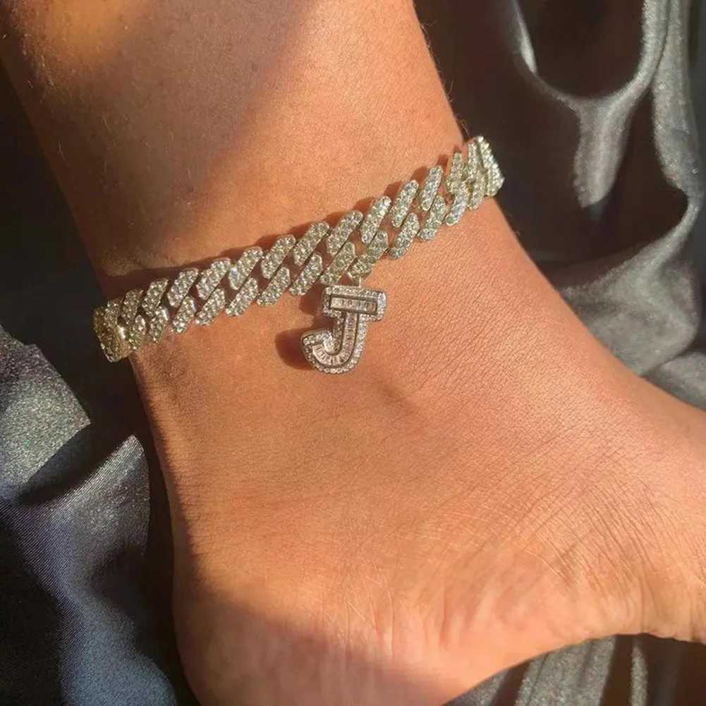 Anklets Fashion Chunky a z Initial Letters Crystal for Women Bling Full Rhinestone Cuban Link Chain Ankle Bracelet Beach Jewelry 230607