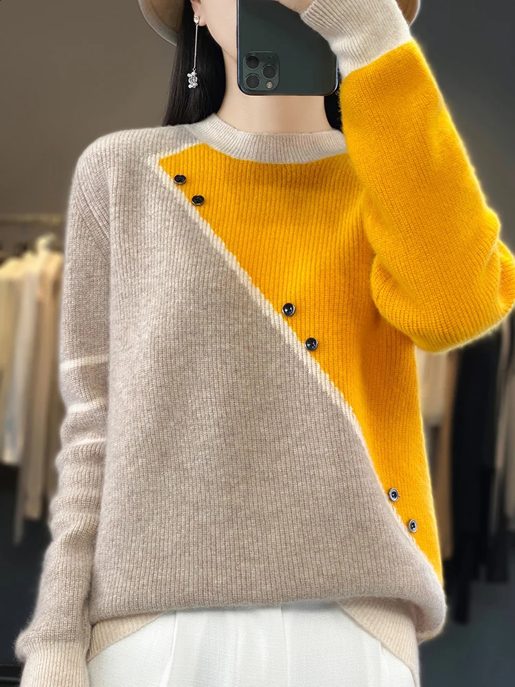 Autumn Winter 100% Wool Knitted Pullover Women O-Neck Color Match Sweater Long Sleeve Shirt Fashion Loose Warm Thick Tops 240812