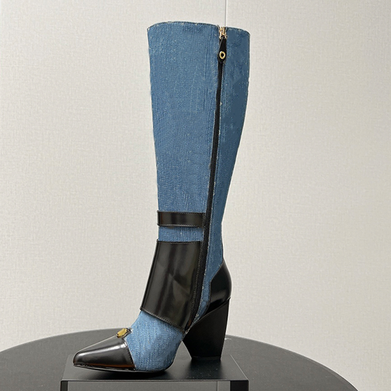 Denim Boot Knee High Boot Women Designer Long Knight Boots 8.5cm Pointed Toes Fashion Boots Chunky Heel Blue Denim Print Booties Knight Calf Leather Silde Zipper