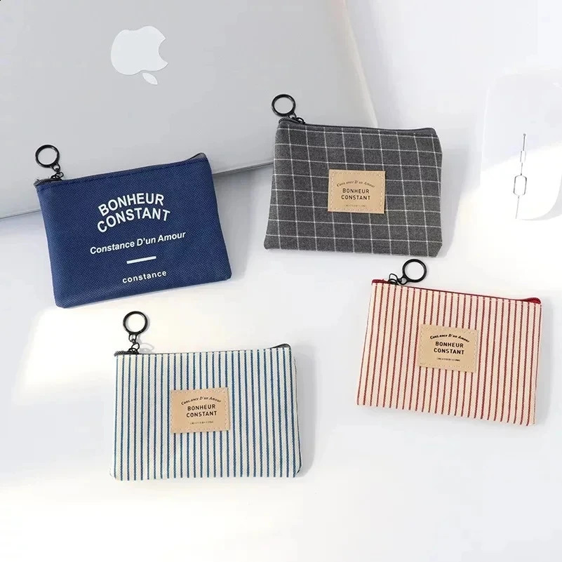 Cute Wallet Women Fabric Key Coin Purse Cartoon Square Mini Pouch Letter Striped Print Zipper Canvas Bags for Girls 240812
