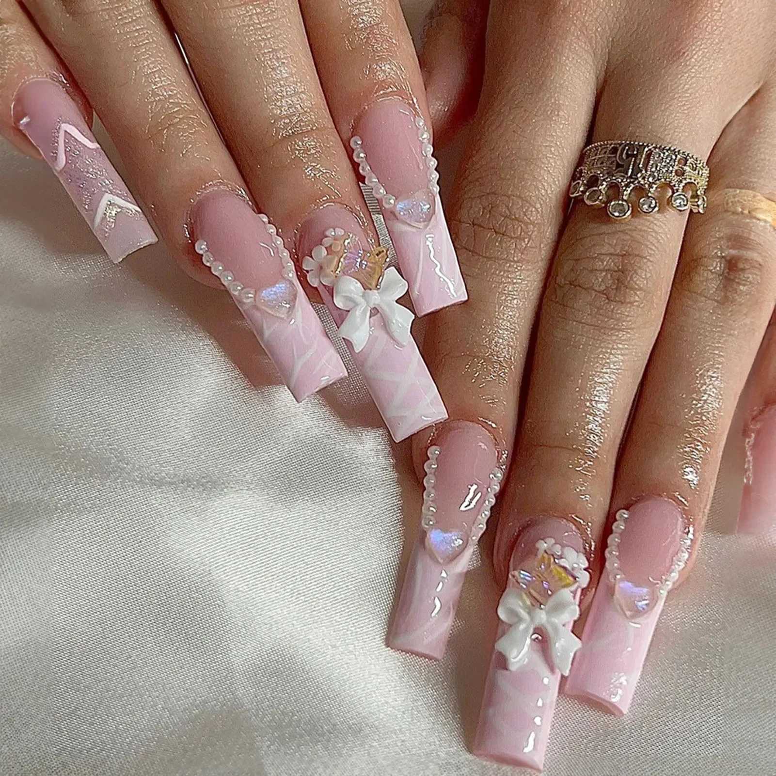 French Love Bow Decoration Fake Nail Medium Long Coffin Ballet Press Nail Korean Sweet 3D Flower Design Bridal Lady Fake Nail W240810