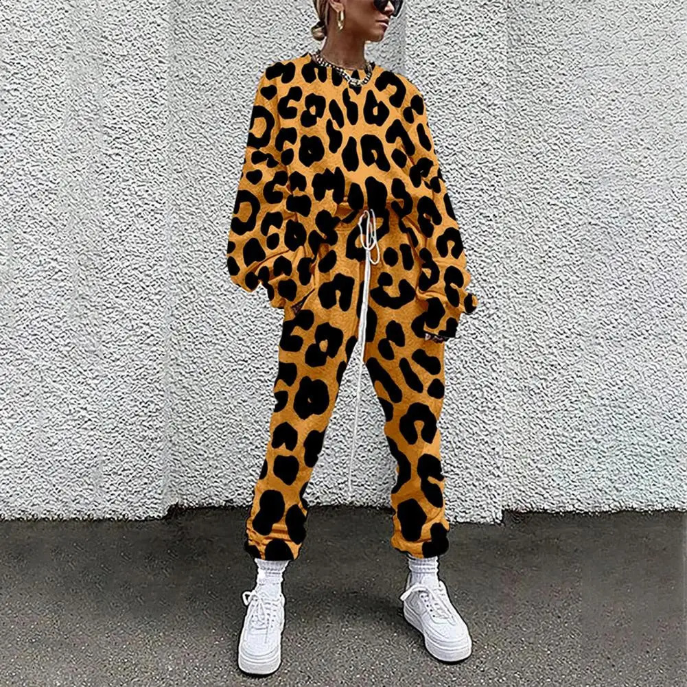 2Pcs/Set Stylish Women Tracksuit Washable Women Top Pants Leopard Relaxed Fit 3D Digital Print Outfit Tracksuit Streetwear 240812