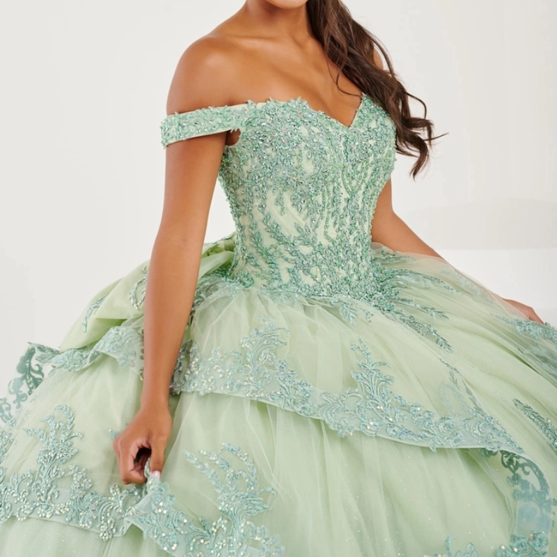 Green Quinceanera Dress Ball Gown Off The Shoulder Birthday Party Appliques Lace Beads Tull Sweet 16 Vestidos De 15 Anos