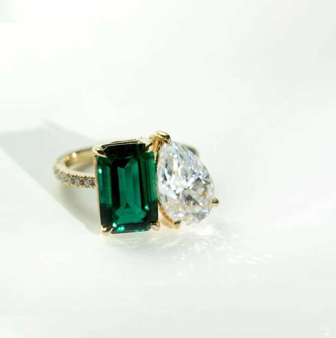 Custom Special Luxury Solid 10K or 14K gold Moissanite Toi et Moi 6 ctw Elongated Green-emerald and Pear-shaped Engagement Ring