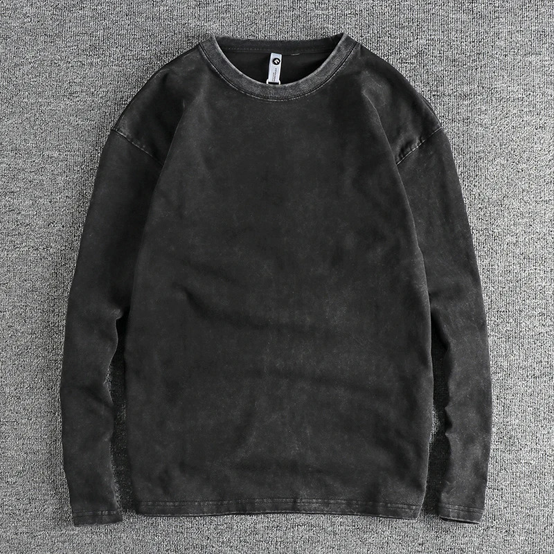Autumn American Retro 270G Long-sleeved O-neck Heavyweight Solid Color T-shirt Mens Simple 100% Cotton Washed Casual Youth Tops 240812