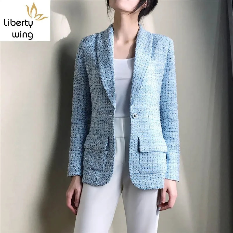 Spring Womens Blaze Tweed Blue Plaid Slim Tailoring Professional Woman Thin Coat High-end Silk Lining Top Blazers Jacket 240812