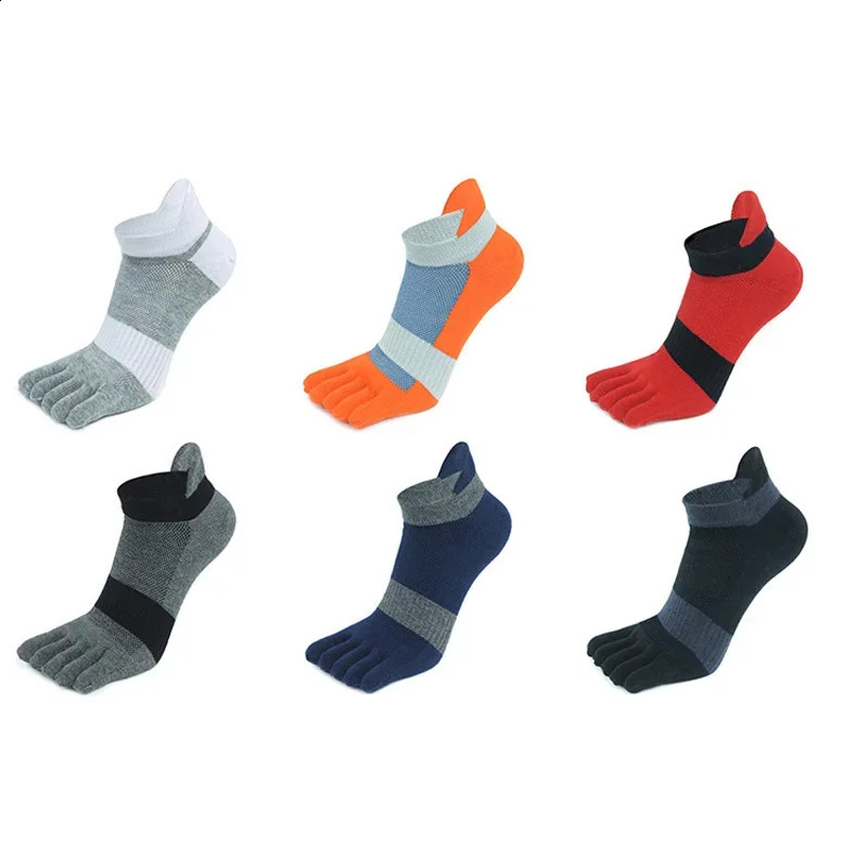 5 Pairs Large Size 5 Finger Socks Ankle Sport Cotton Mens Striped Mesh Breathable Shaping Anti Friction No Show Toes Socks 240812