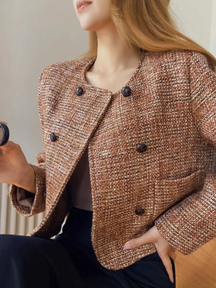 Dabuwawa Double Breasted Tweed Coat Vintage Women Collection O Neck Jacket Light Weight Fancy Suiting DM1COT019 240812