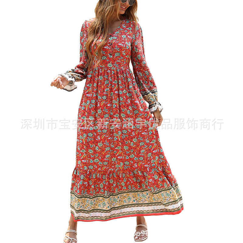 Solid Printing Versatile Temu Autumn New Womens Bohemian Dress Tiktok Sleeve Big Swing Long Floral Dress Loose Temperament Sexy High Waist Dress Denim