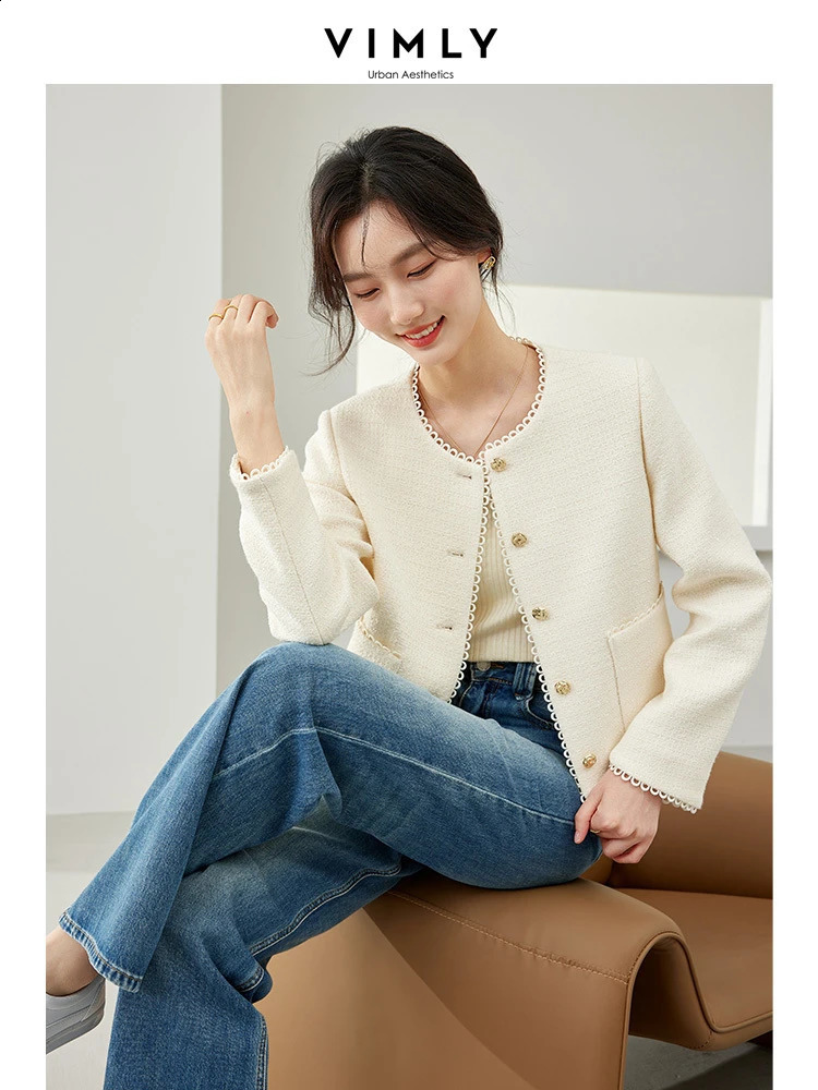 Vimly Women Elegant Cropped Tweed Jacket Woman Spring French Style O-neck Single Breasted Short Coat Female Outerwear M6655 240812