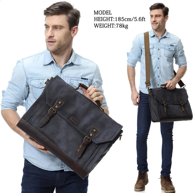 VASCHY canvas messenger bag for men vintage leather batik briefcase 173inch laptop office 240810