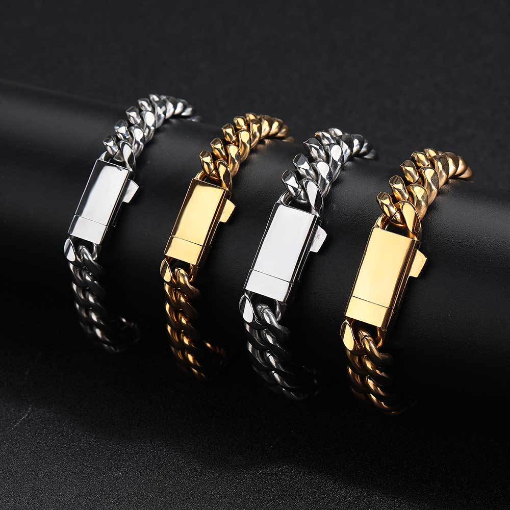6mm-12mm Hip Hop Stainless Steel Miami Cuban Link Chain Necklace Full 5A Zircon Spring Clasp 18K Gold Plated Accessories Jewelry Set
