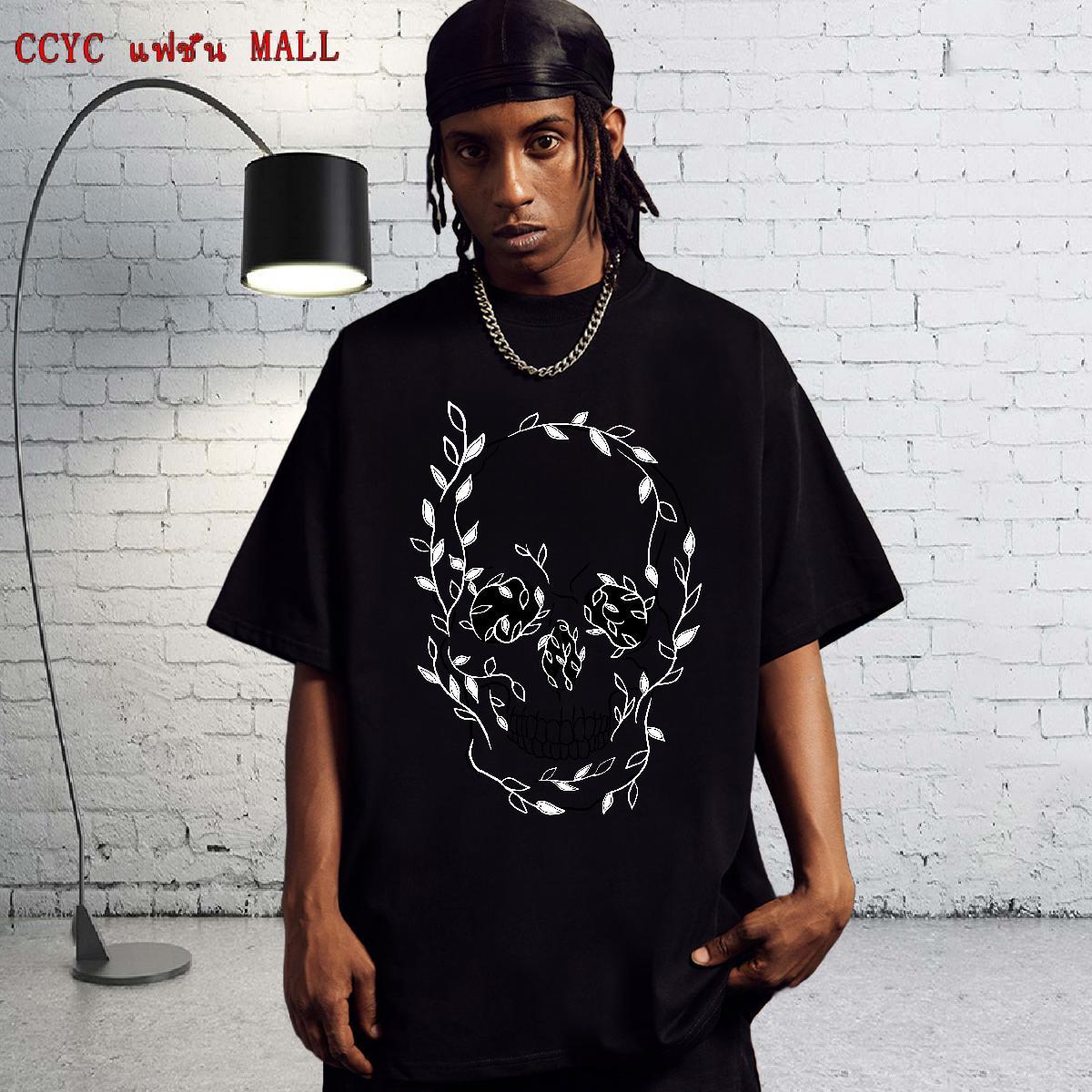 DIY Man T Shirts skull Tops Shirt 100% Cotton 230g High Street Hip Hop Loose Floral Print Breathable Crew Neck Men Clothes T-Shirt