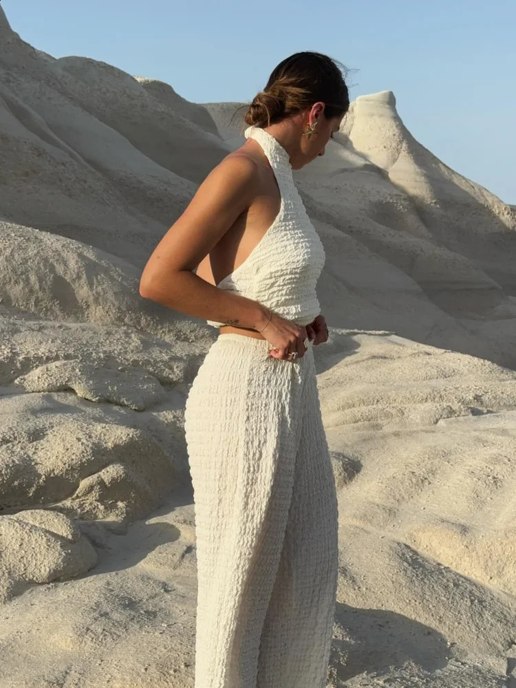 Elegant Pleated Halter Tops Pant Sets Women Sleeveless Backless Vest High Waist Wide Leg Trouser Suit Lady Fashion 2 Pieces 240812