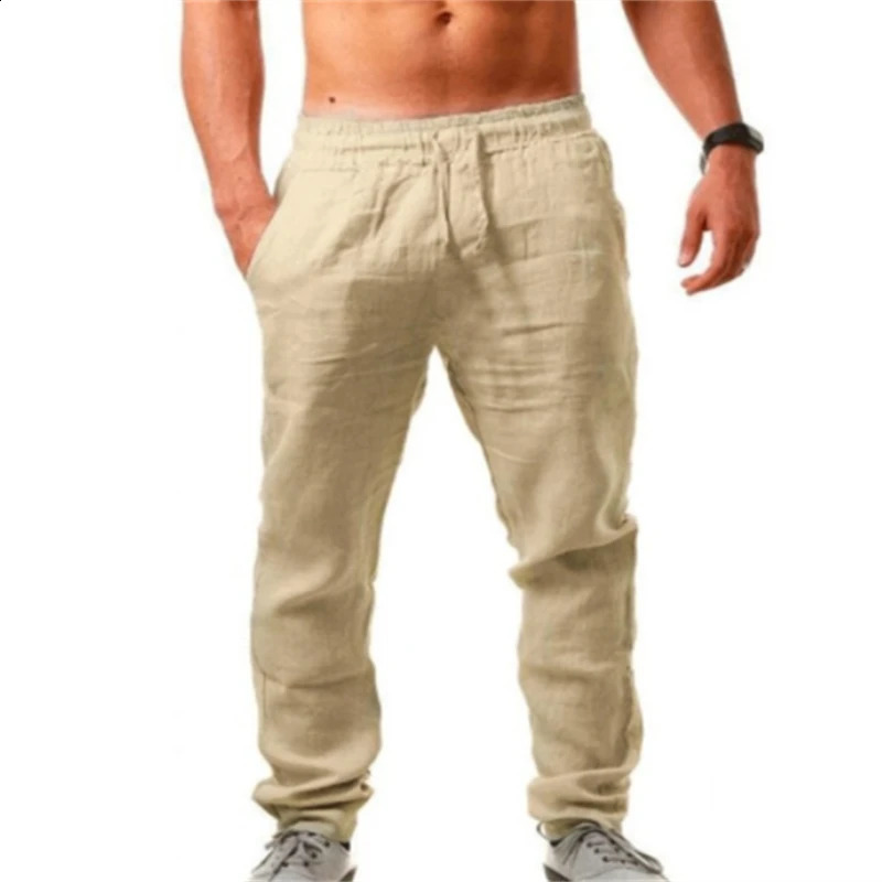 Leisure Mens Linen Long Pants Cotton Summer Drawstring Trousers Resort Trousers Men Thin Loose Straight Leg Pant Plus Size 2024 240812