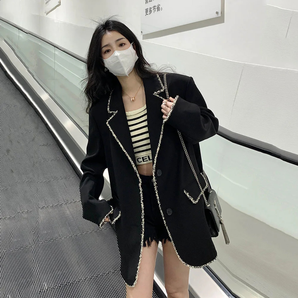 Women Black Tweed Splice Blazer Notched Long Sleeve Loose Fit Suit Jacket Fashion Spring Autumn Office Ladies Coat Tops 240812