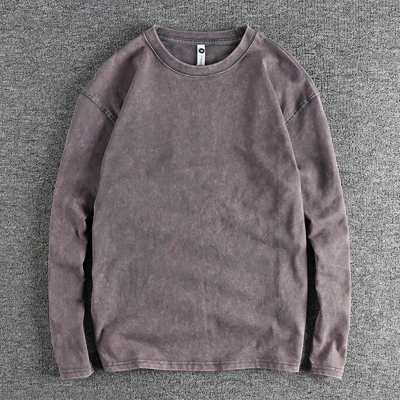 Autumn American Retro 270G Long-sleeved O-neck Heavyweight Solid Color T-shirt Mens Simple 100% Cotton Washed Casual Youth Tops 240812